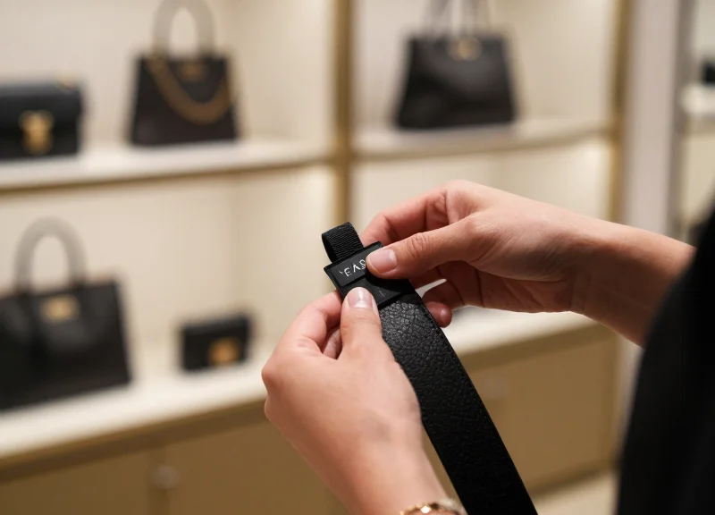 A luxury retail employee applying a security lanyard to a designer leather belt