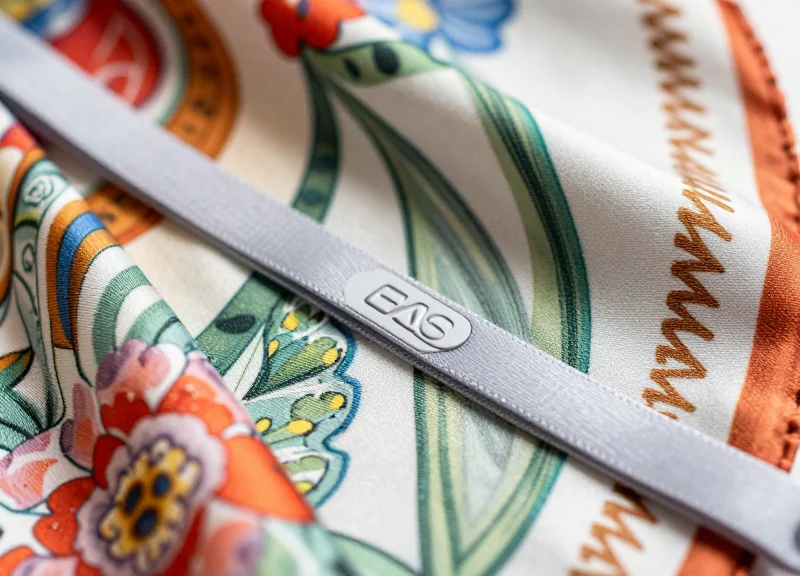 A delicate silk scarf protected by a soft-loop security lanyard
