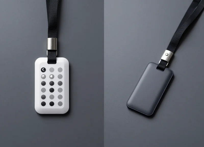Side-by-side comparison of a traditional pin-based tag and a modern lanyard security tag.