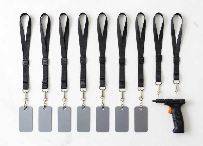 An organized collection of security lanyard tags and retail tools on a white background.