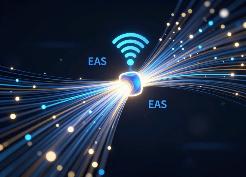 Conceptual 3D visualization of EAS and RFID technology merging.