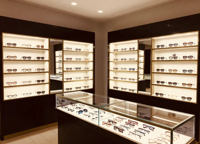 Wide shot of a luxury optical boutique with designer frames on display