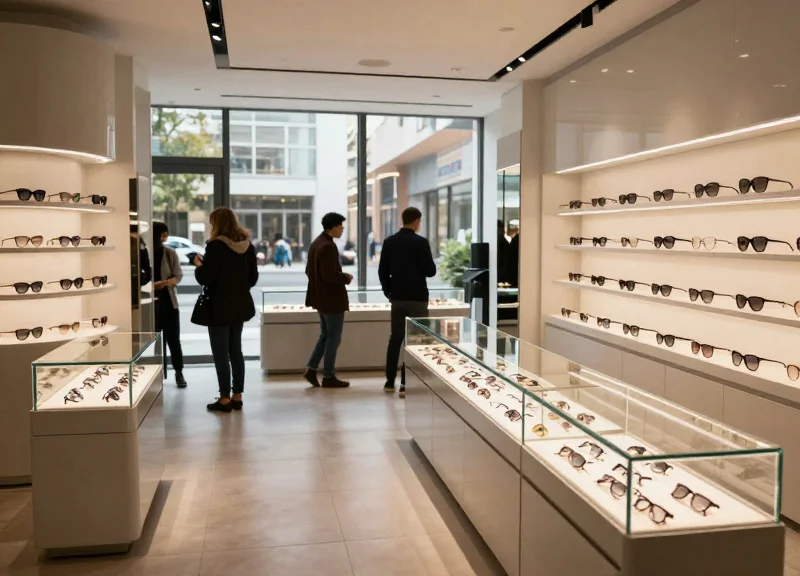 A modern, high-end optical boutique with minimalist glass displays and shoppers browsing luxury eyewear in a brightly lit environment.