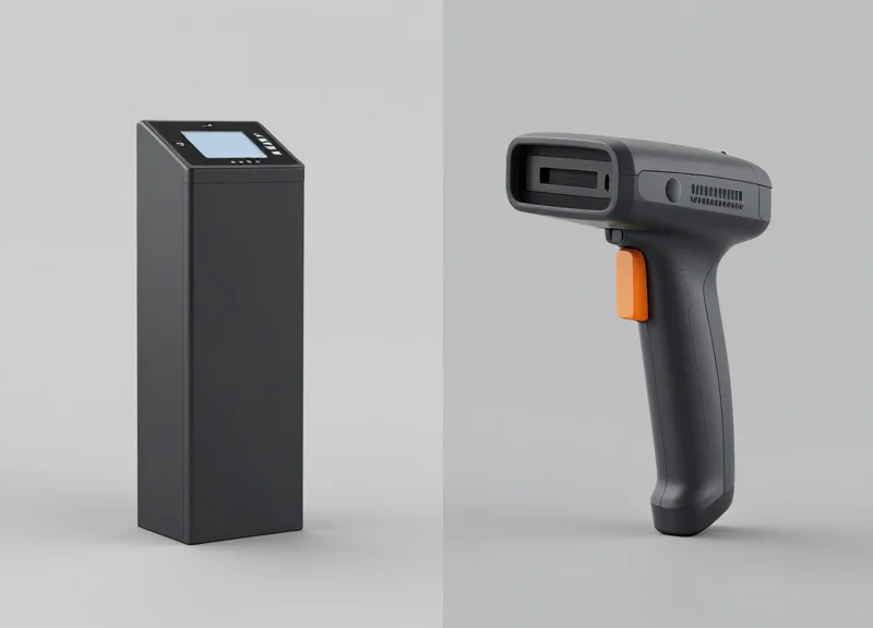 A side-by-side comparison between a traditional EAS security pedestal and a modern handheld RFID inventory scanner.