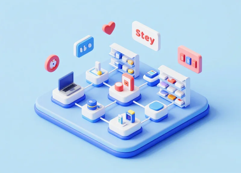 An isometric 3D model of a smart retail store showing inventory nodes and digital connections between product displays and a central server.