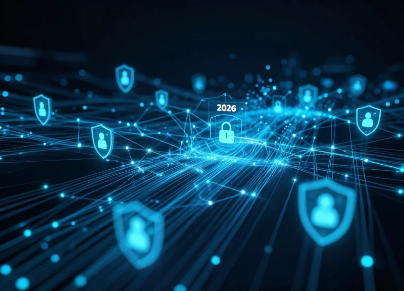Futuristic retail security data visualization with glowing nodes and digital connections.