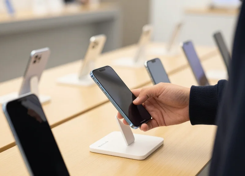 A customer testing a smartphone on a security display stand in a modern electronics store.