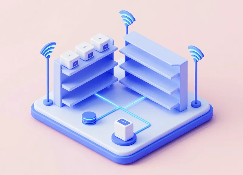 Isometric 3D model of a retail store shelf integrating security stands with RFID and ESL systems.