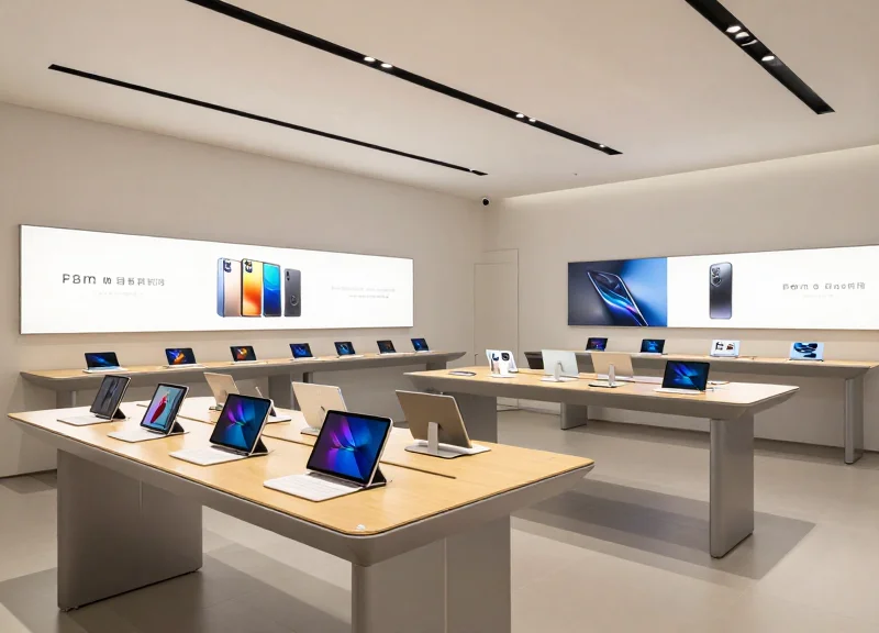 Interior of a high-end electronics store with premium tablet displays and minimalist lighting.