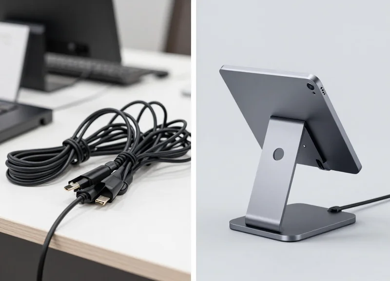 Comparison between tangled messy charging cables and a clean modern security stand.