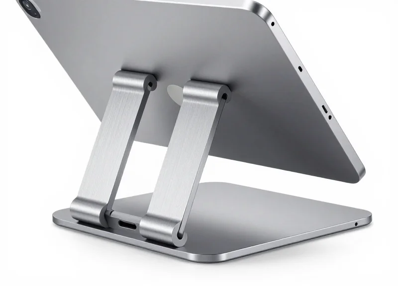 Detailed view of a sleek metallic tablet charging stand with industrial design features.