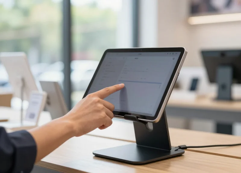 Customer interacting with a tablet secured by a modern stand in a retail environment.