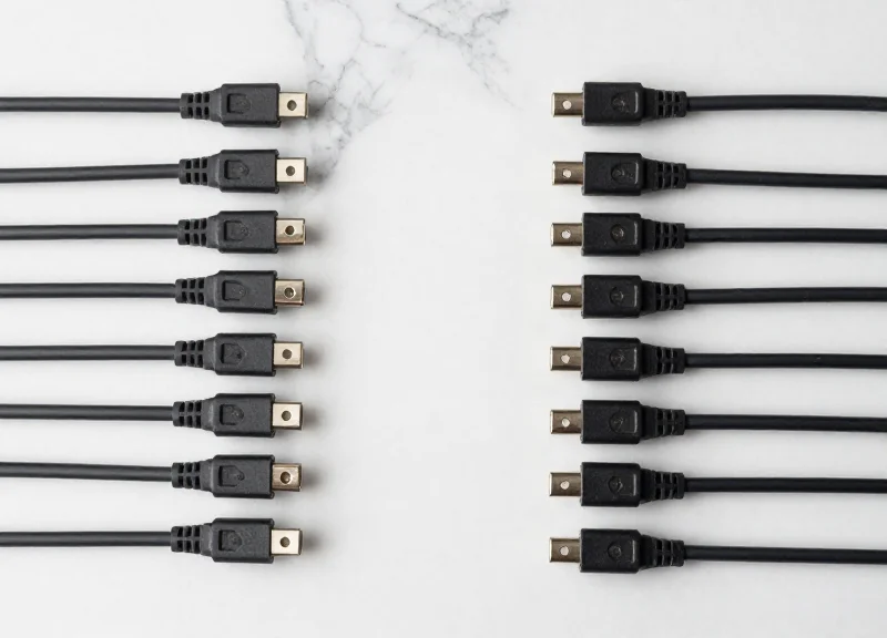 Neatly organized security charging cables and connectors on a professional workstation surface