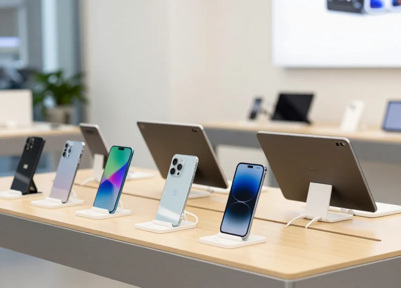 Modern electronics retail display showing handheld gadgets on secure stands