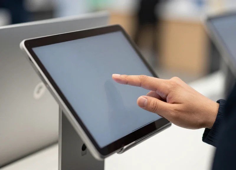 A customer's hand interacting with a tablet on a smart display stand.