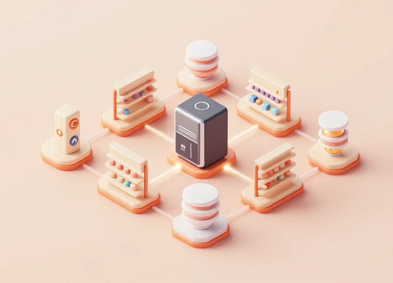 Isometric view of integrated retail tech systems including smart stands and servers.