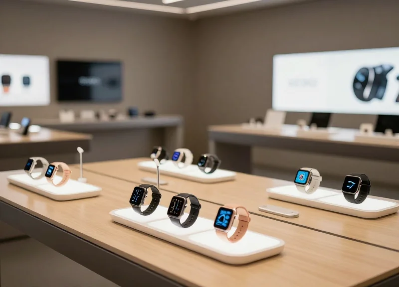 A high-end retail electronics store featuring smartwatches on sleek security pedestals with cinematic lighting.