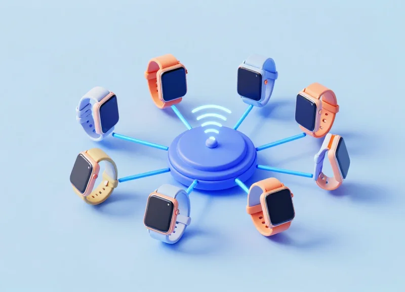 Isometric 3D model of a smartwatch security network showing integrated RFID and EAS connections.