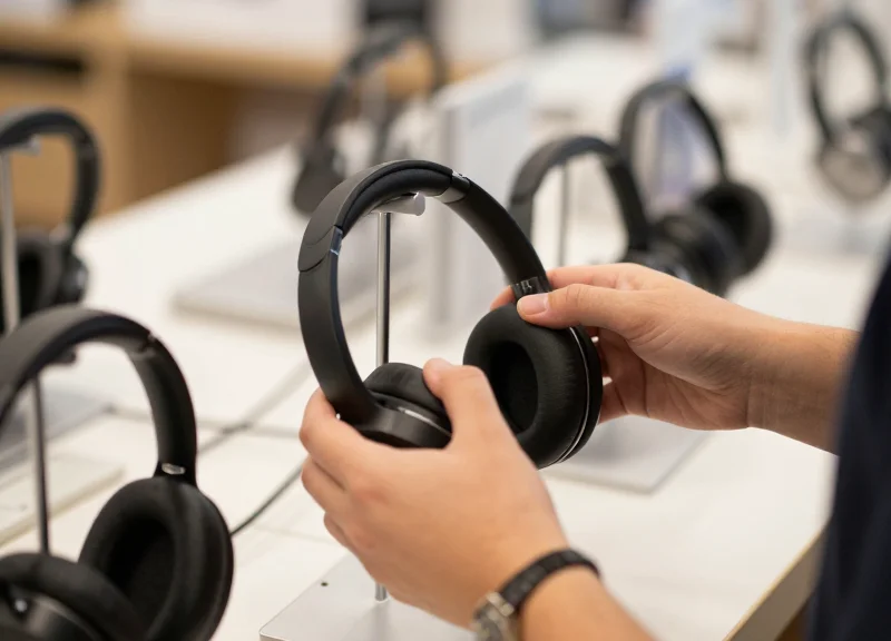 A person's hands picking up a pair of headphones from a retail display to try them on.