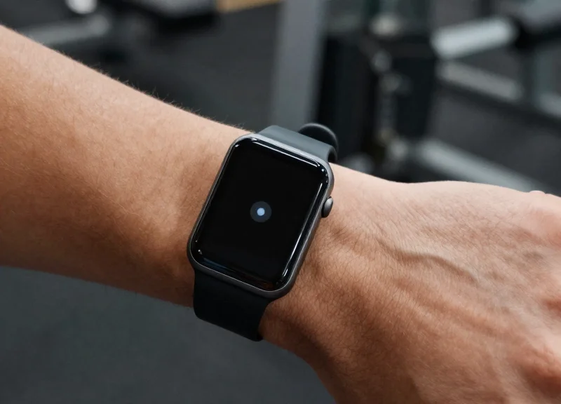 Close-up of a modern fitness tracker with an integrated micro-sensor on a person's wrist in a high-tech setting.