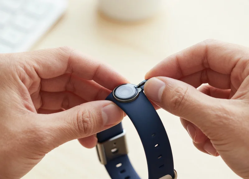 Technician hands demonstrating the placement of a sensor on a flexible fitness tracker band.