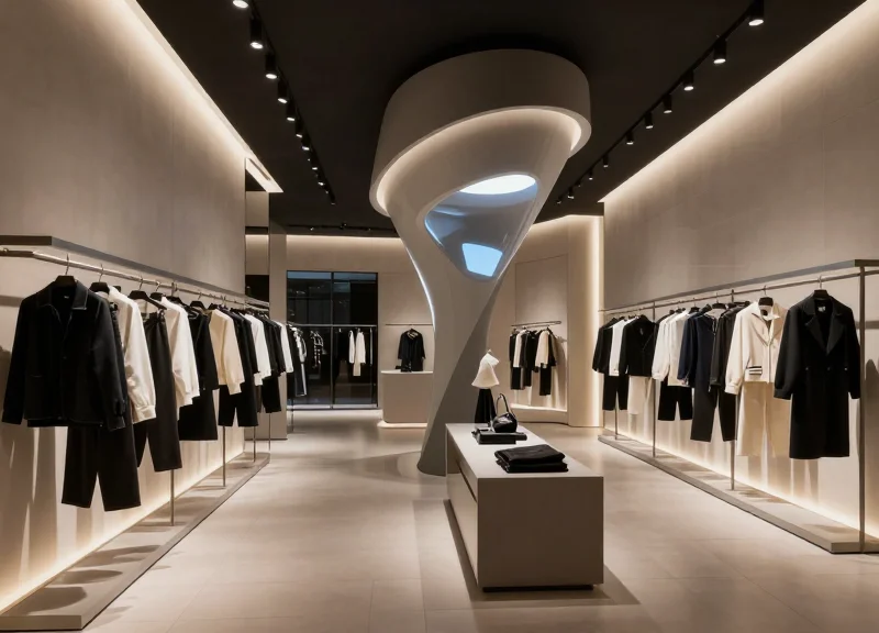 A luxurious modern boutique interior with advanced security systems and minimalist fashion displays