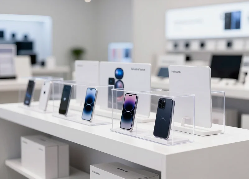 Organized retail electronics shelf using security safer boxes.