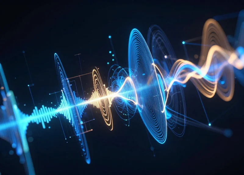 Abstract visualization of radio frequency and acoustic magnetic signal waves intersecting.