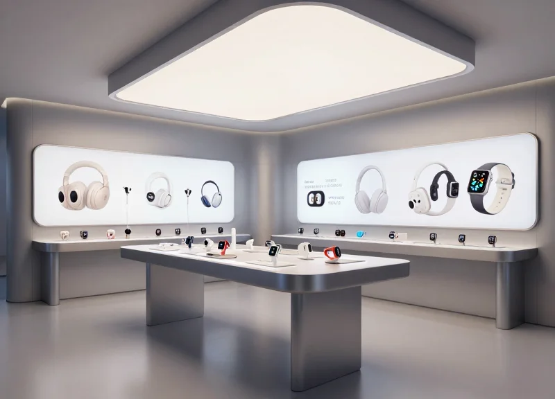 Futuristic retail environment showing premium digital accessories on high-tech display shelves with modern lighting.