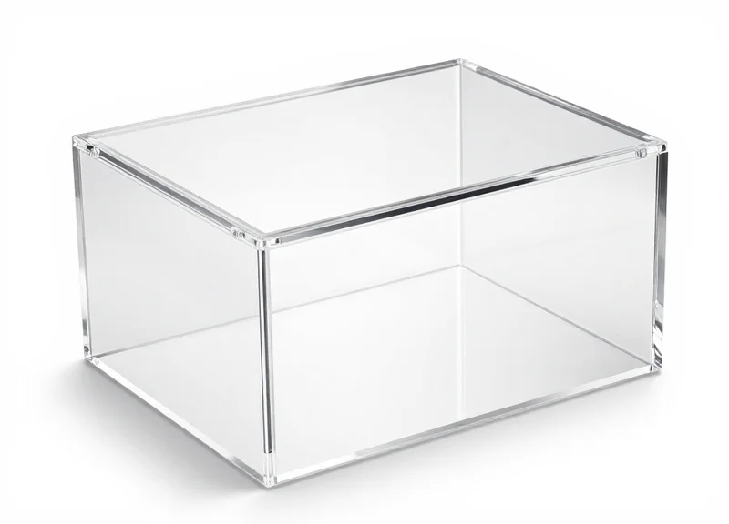 A premium product box inside a clear security safer box with professional studio lighting.
