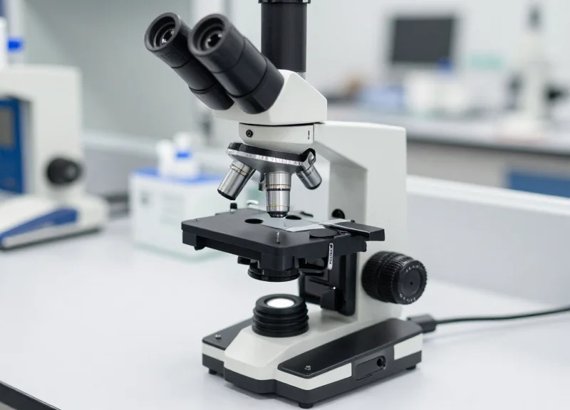 A high-precision laboratory microscope secured with professional anti-theft hardware in a clean lab.