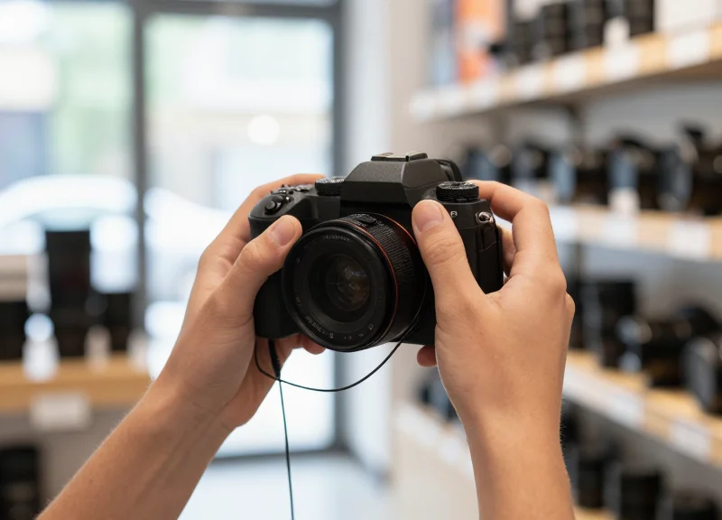 A customer comfortably testing a camera in a retail store while it is secured by a flexible sensor cable.