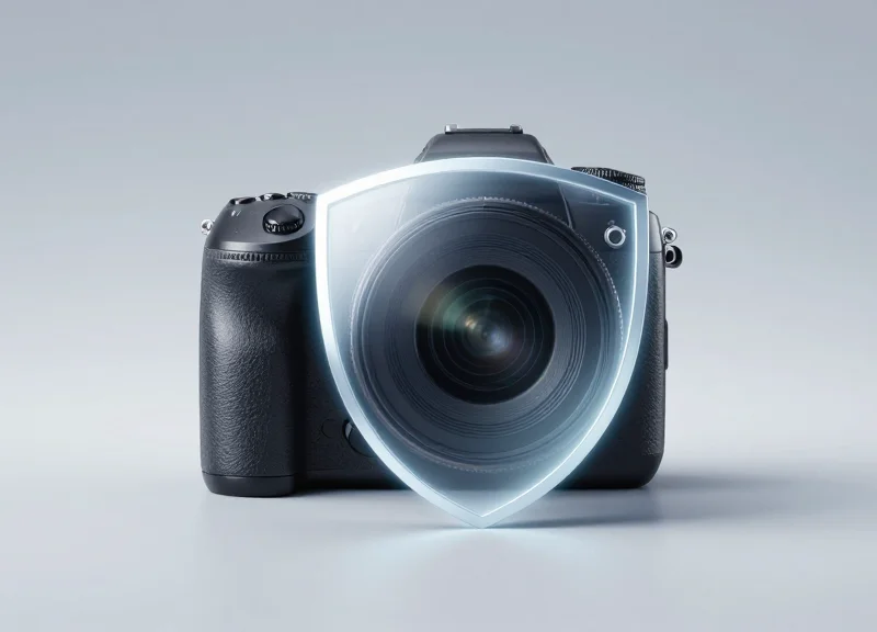Abstract digital art showing a high-end camera protected by a glowing geometric energy shield representing security evolution.