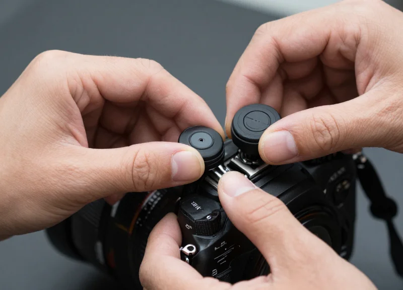 Close-up of hands attaching a security sensor to a professional camera body.