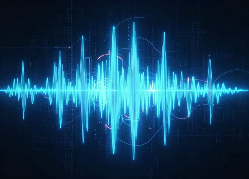 Abstract visualization of radio frequency waves and signal interference in a dark digital space.