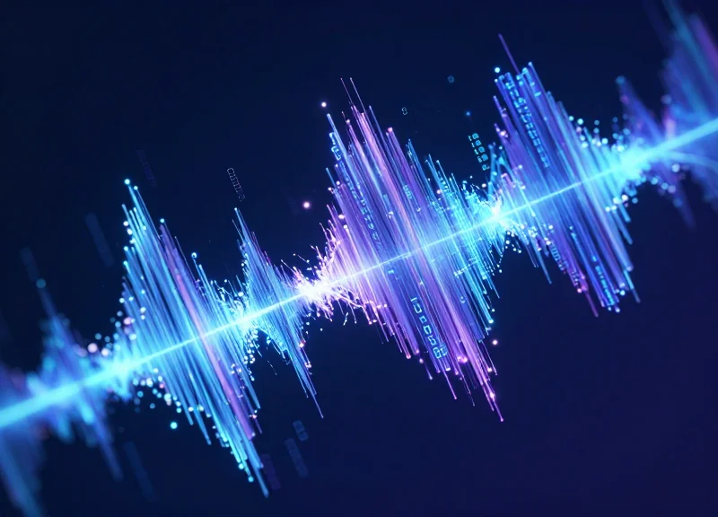Abstract digital representation of security data transitioning from radio waves to RFID blocks.