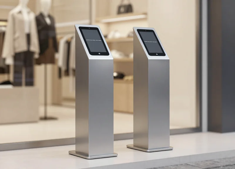 Close-up of a modern retail security pedestal at a shop entrance
