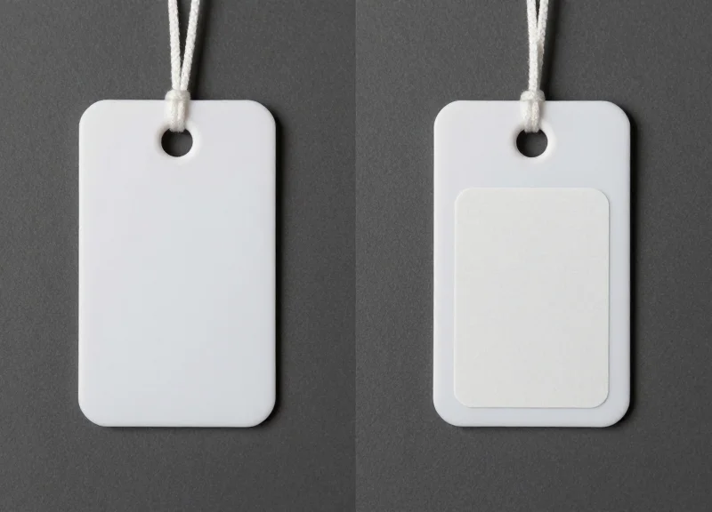 A comparison showing a hard plastic security tag next to a thin RFID label