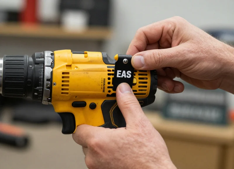 A close-up of a security tag being applied to a heavy-duty power tool