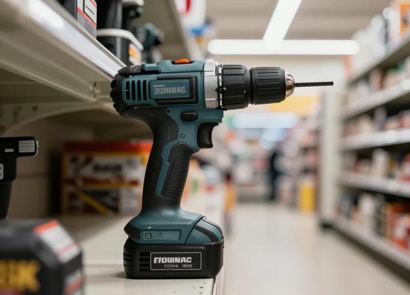 Close-up of a professional cordless power drill on a modern retail hardware store shelf with bright lighting.