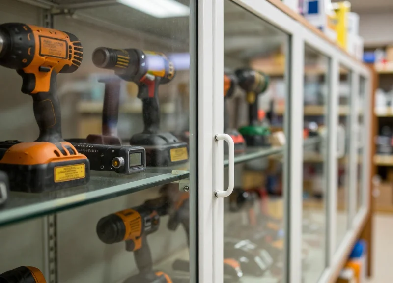 A view through a locked glass display case in a hardware store showing expensive tools behind a barrier.