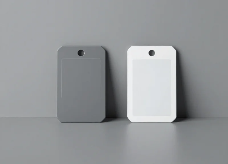 A side-by-side comparison of a standard gray EAS hard tag and a specialized thin white adhesive security label for metal.