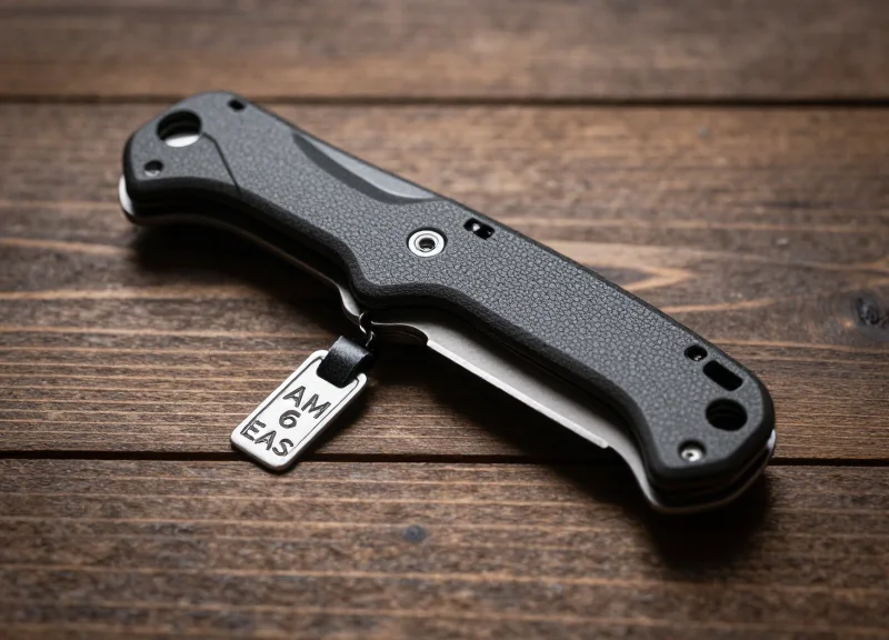 A high-quality camping knife with a security tag applied to its handle, displayed on a wooden shelf.