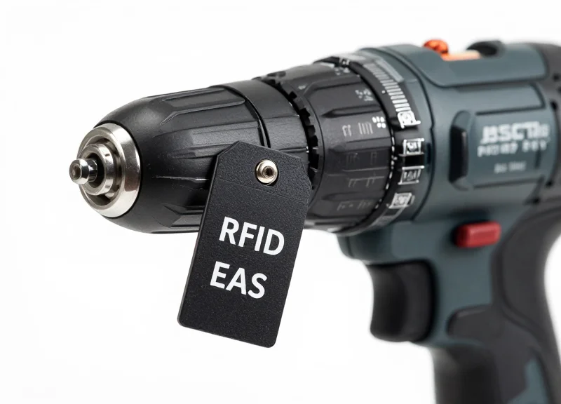 Macro shot of a specialized metal-mount RFID tag attached to a power tool handle, studio lighting.