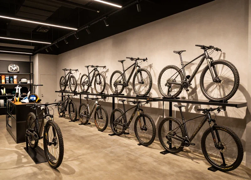 A modern high-end sports retail store with premium equipment displayed under cinematic lighting.