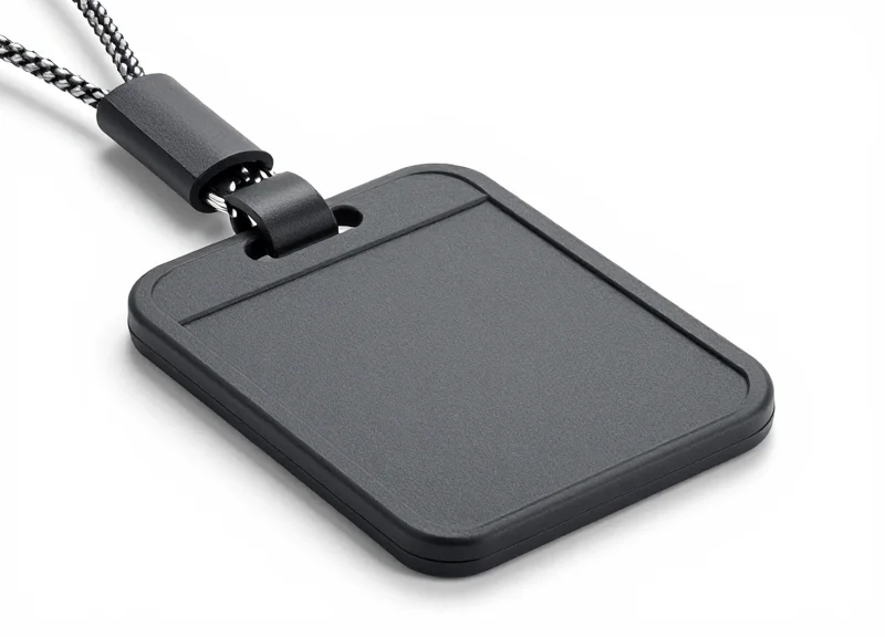 A detailed macro shot of a security lanyard tag with a focus on the strong steel cable.