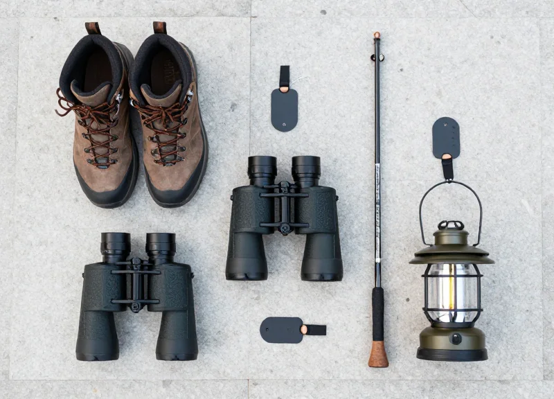 Flat lay of outdoor equipment including hiking boots, binoculars, and a fishing rod with lanyard security tags