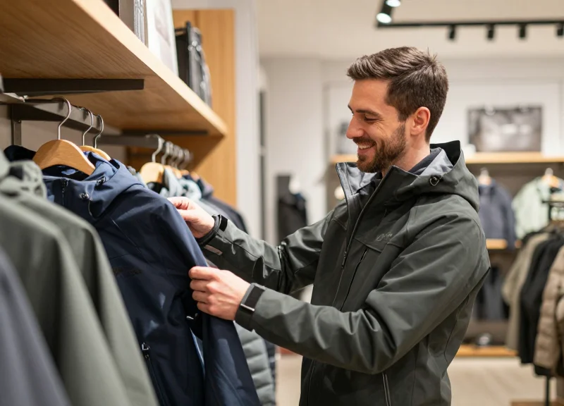 A customer browsing high-end outdoor jackets in a modern store without being hindered by security tags