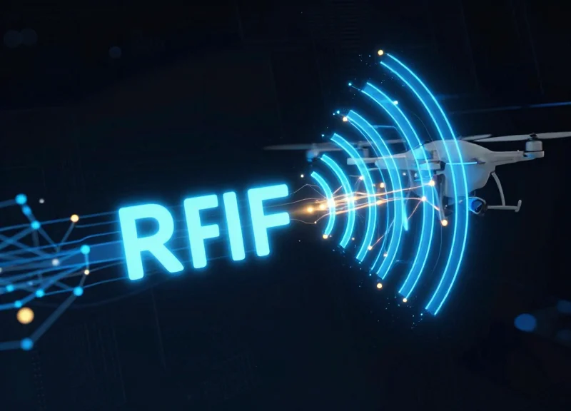 Conceptual visualization of RFID signals interacting with drone electronic components.