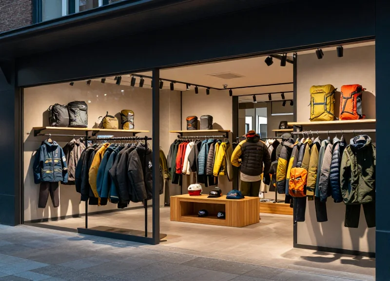 A modern, high-end outdoor retail store interior with high ceilings and natural light showing premium gear.